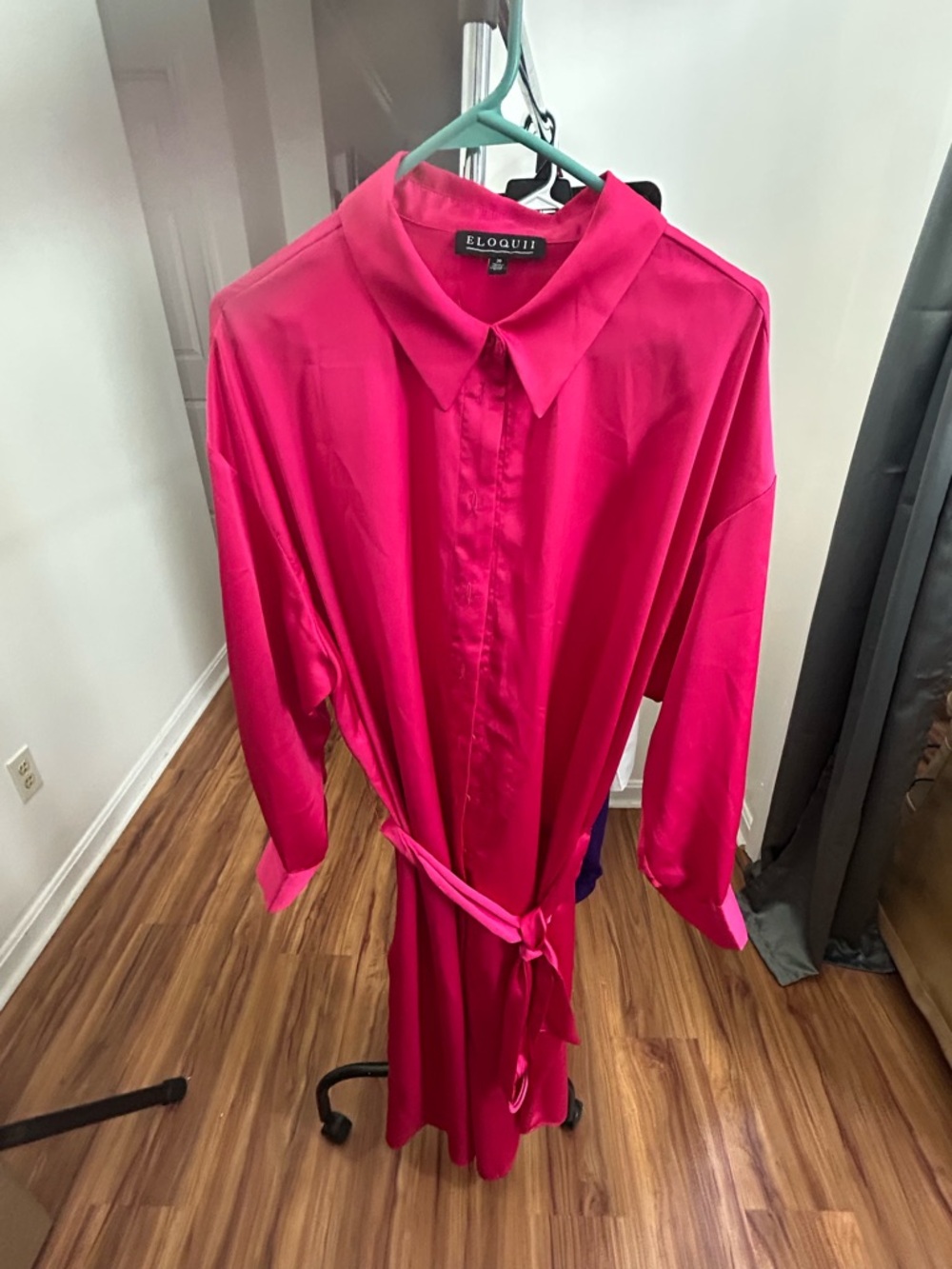 Eloquii Hot Pink Long Sleeve Shirt Dress with Tie Waist